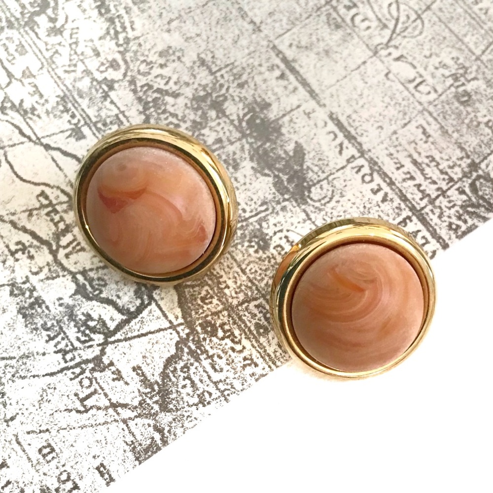 Earrings Vintage Beige Marble Gold Trim Screw Back